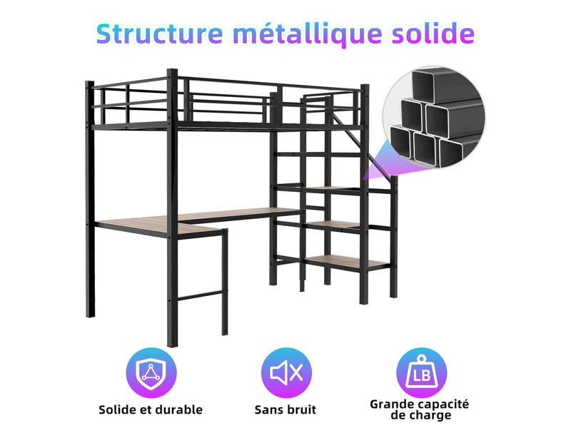  Lit mezzanine 90×190 cm avec bureau en l, escalier intégré, étagères de rangement, garde-corps continu  - Conforama E