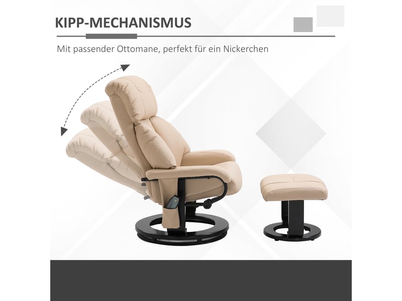 Fauteuil massant blanc crème, fauteuil relax inclinable avec repose-pieds vibrant, dossier ergonomique pour salon et lecture - Conforama E