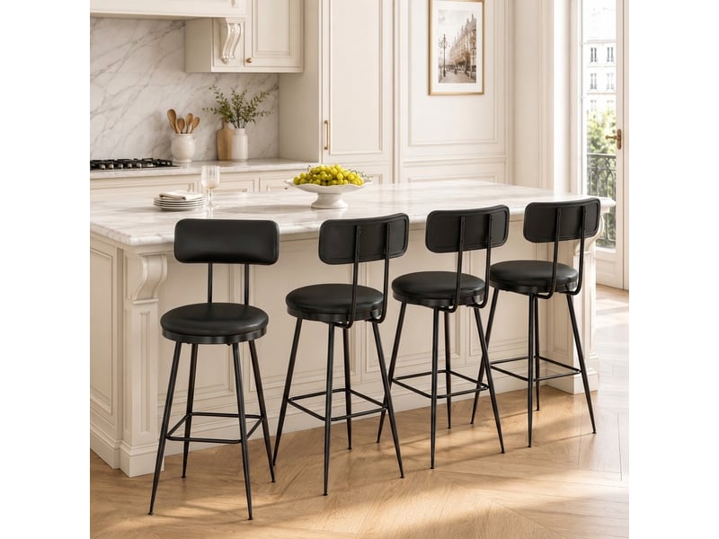 Lot de 4 tabouret de bar en cuir pu, chaises hautes de cuisine pour îlot et comptoir, et métal de style industriel avec dossier 65cm, noir - Conforama B