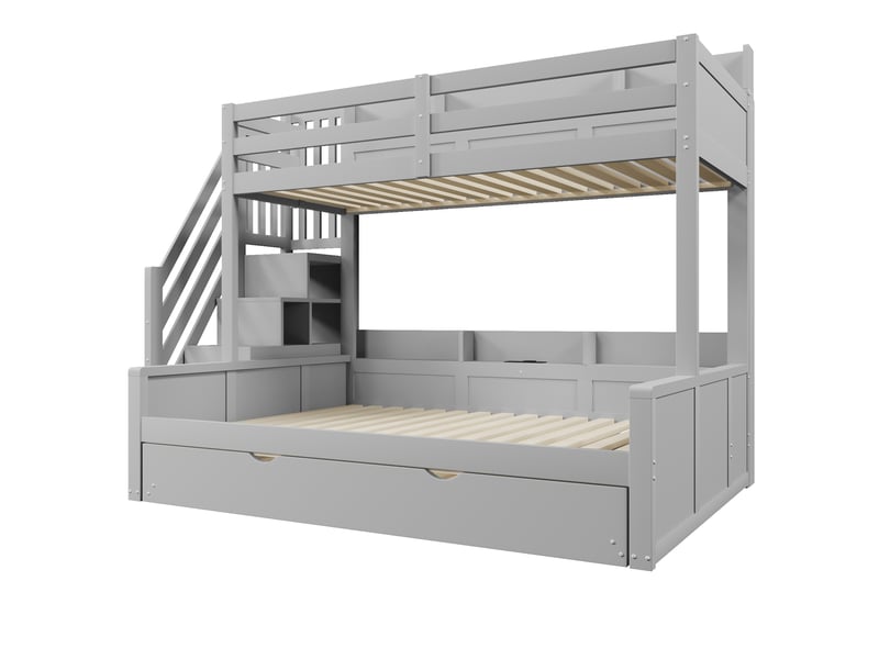  Lit superposé 90x200 cm + 140x200 cm avec lit gigogne, rangement et ports usb, lit enfant 2 couchages, gris, sans matelas  - Conforama E