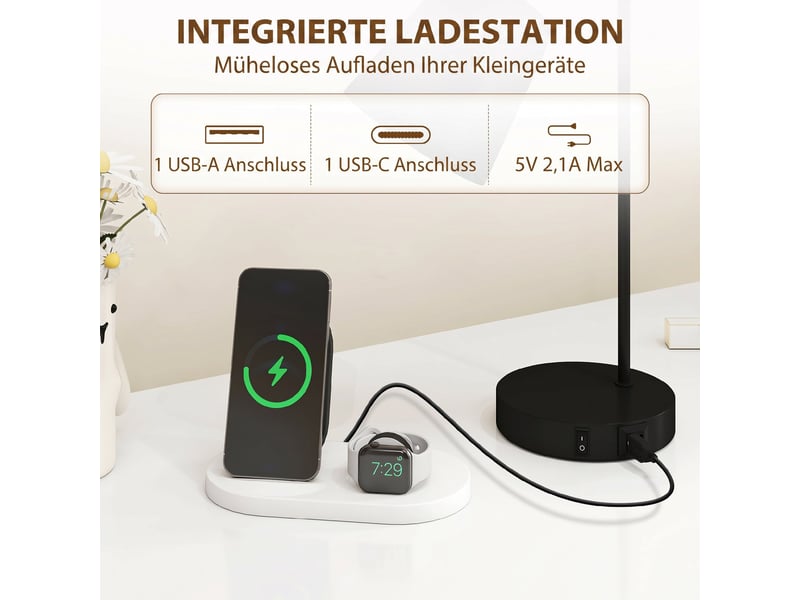  Ensemble de 2 lampes de table modernes avec ports usb-a et usb-c, pour chambre, salon et bureau, noires.  - Conforama D