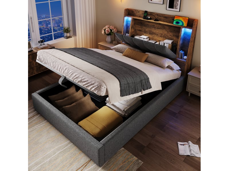 Lit enfant coffre 90 x 200 cm tête rangement pliable led multicolore ports usb‑c linmdf gris sans matelas - Conforama E