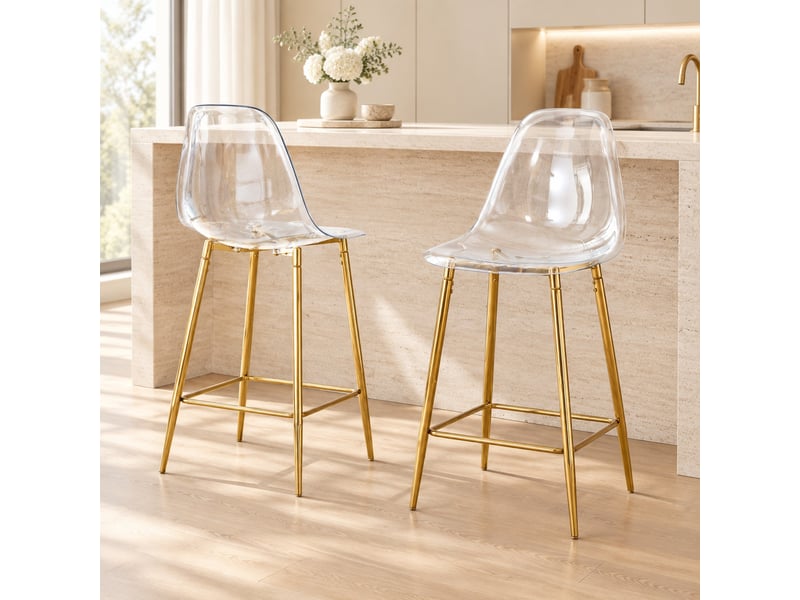  Tabouret de bar lot de 2 avec dossier et repose-pieds, en plastique transparent et métal doré, 51 × 45 × 102 cm  - Conforama B