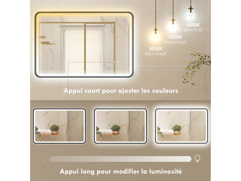  Miroir de salle de bain led avec cadre en aluminium noir 90x60 cm  - Conforama E