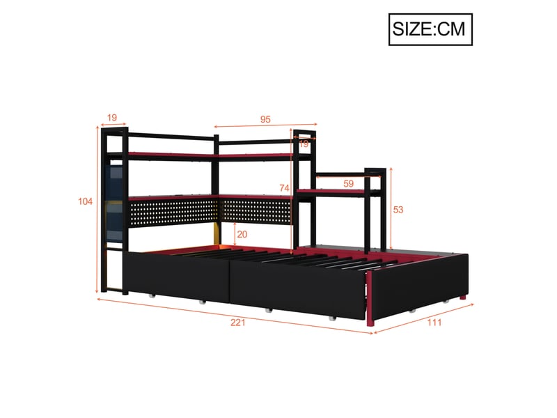  Lit simpple 90x200 cm, style gaming, 3 tiroirs, lit enfant, led, panneau perforé, rangement, métal noir sans matelas  - Conforama C