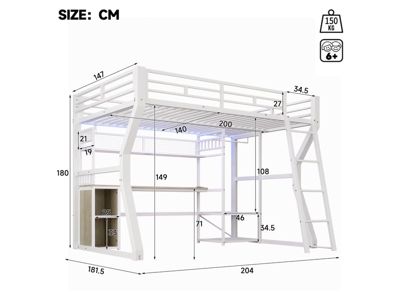  Lit mezzanine 140x200 cm avec bureau, rangements et bande lumineuse blanc  - Conforama C