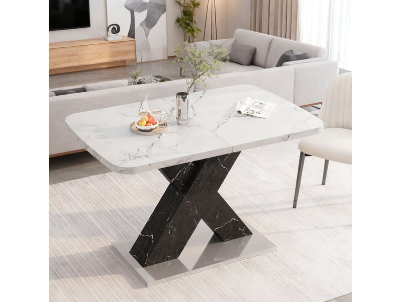 Table à manger extensible 120-160 cm, pieds croisés, plateau imitation marbre, panneau aggloméré et structure métallique bicolore blanc noir, table cuisine design - Conforama D