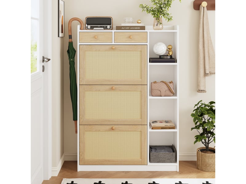  Meuble à chaussures rotin 3 abattants et 2 tiroirs, armoire étroite 24cm avec étagères, blanc et naturel  - Conforama E