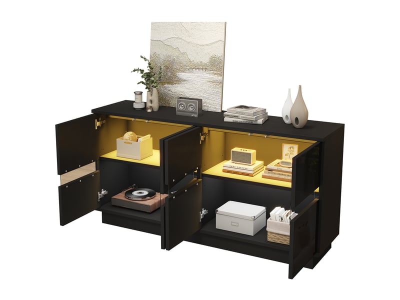  Buffet bas 4 portes avec led bluetooth 140x35x70 cm noir brillant  - Conforama E