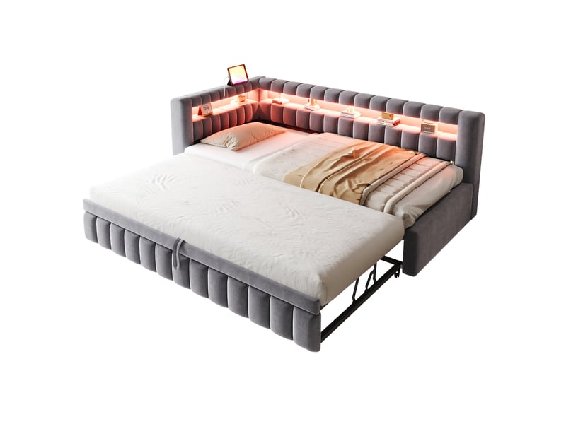 Canapé-lit convertible 90/180x200 cm avec rayures verticales, led et ports usb-c, velours gris foncé, sans matelas - Conforama A