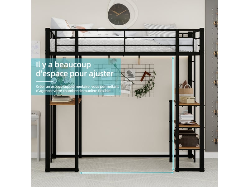  Lit en métal avec bureau 90x190 cm noir fer lit superposé avec échelle et rangement pour chambre enfant adolescent Sol Morn - Conforama C