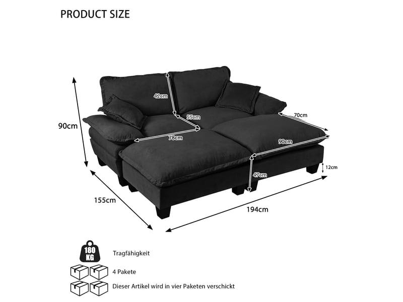  Canapé d’angle cloud 4 places en chenille noir avec 2 ottomans mobiles  - Conforama C