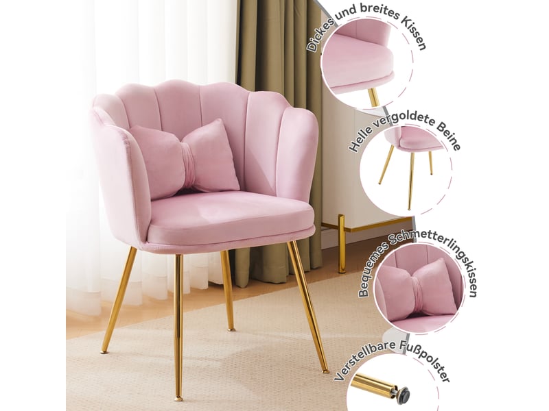 Lot de 2 fauteuils d'appoint 63x58x77 cm, dossier pétale, coussins papillon, pieds en métal doré, velours rose - Conforama E