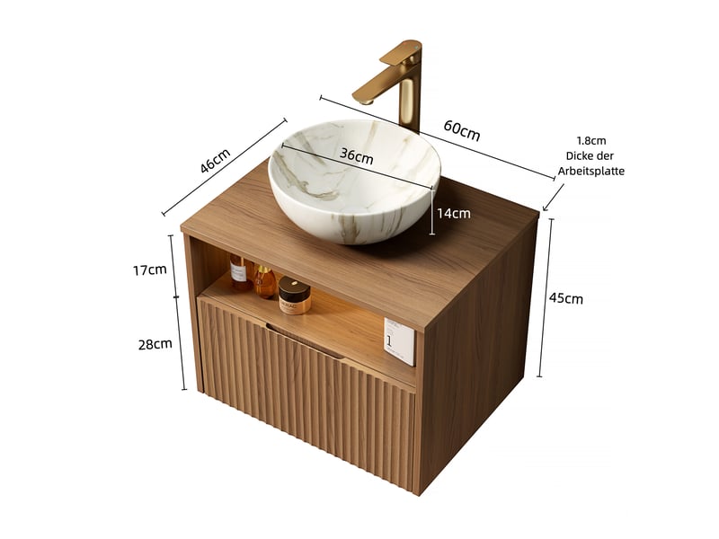  Meuble sous-vasque suspendu avec vasque 1 tiroir éclairage led chêne brun 60 cm W3209S00026 - Conforama C