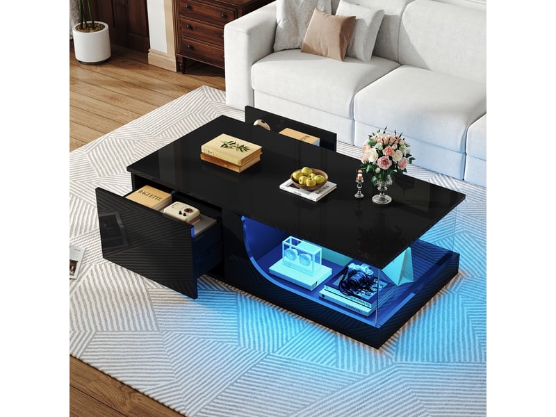  Table basse noire brillante avec led, table de salon design 100x50x30 cm, 2 tiroirs, verre trempé  - Conforama R