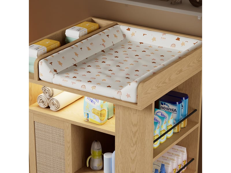  Table à langer - avec 1 porte - avec éclairage led réglable - grand espace de rangement et espace de rangement latéral - naturel  - Conforama W