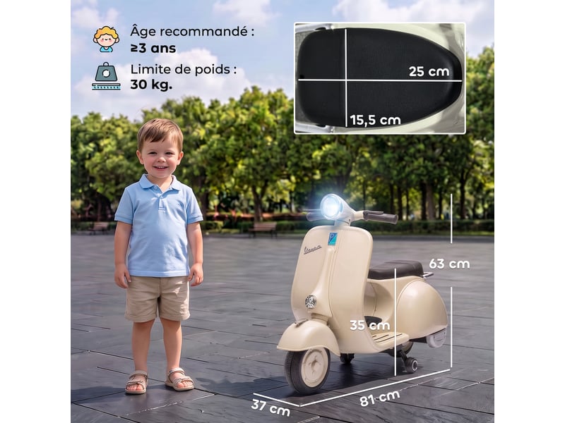  Moto électrique enfants vespa sous licence 5 kmh 3+ ans blanc  - Conforama E