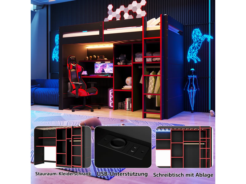  Lit mezzanine gaming en bois 90x200 cm, bureau, armoire, rangements, éclairage led, noir + rouge  - Conforama E