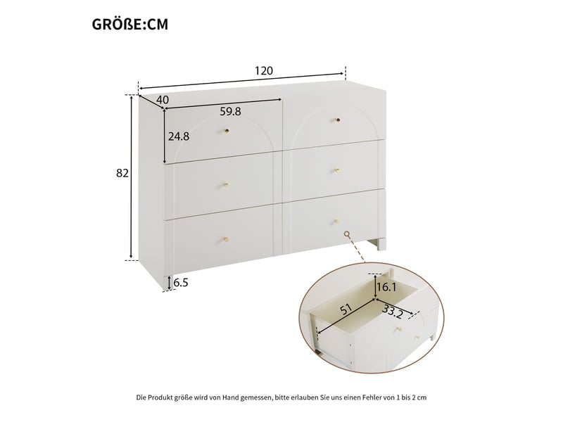 Commode blanc, 120 × 40 × 82 cm, panneau de particules, avec 6 tiroirs, dispositif anti-basculement, pour chambre et séjour - Conforama B