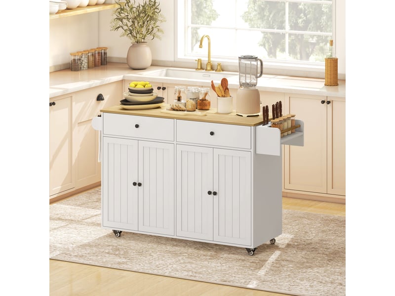 Îlot de cuisine mobile, 2 tiroirs, 2 placards, étagère à épices, porte-serviettes, porte-couteaux, mdf, blanc  - Conforama D