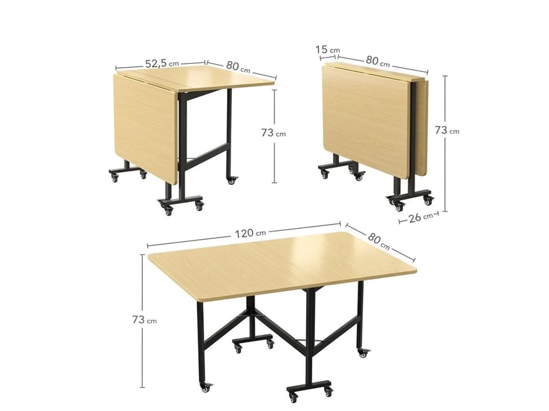  Table pliante à rabats 120 x 80 cm avec roulettes amovibles – table à manger modulable gain de place et bureau d'appoint pour petits espaces – chêne clair et noir  - Conforama D
