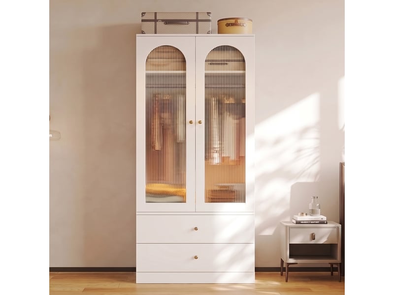  Armoire à portes battantes 89,5x50,5x200 cm, 2 tiroirs, 2 portes vitrées, barre de penderie, mdf blanc, chambre déco  - Conforama D