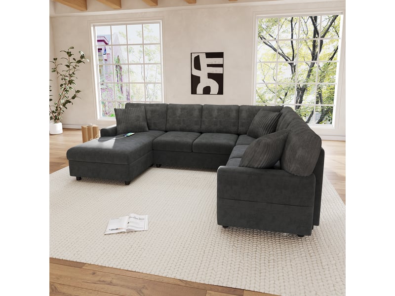 Canapé panoramique 6 places 249x196x83 cm en u avec chaise longue, accoudoirs à poches, usb type-c et 3 coussins, chenille et velours côtelé, noir - Conforama E