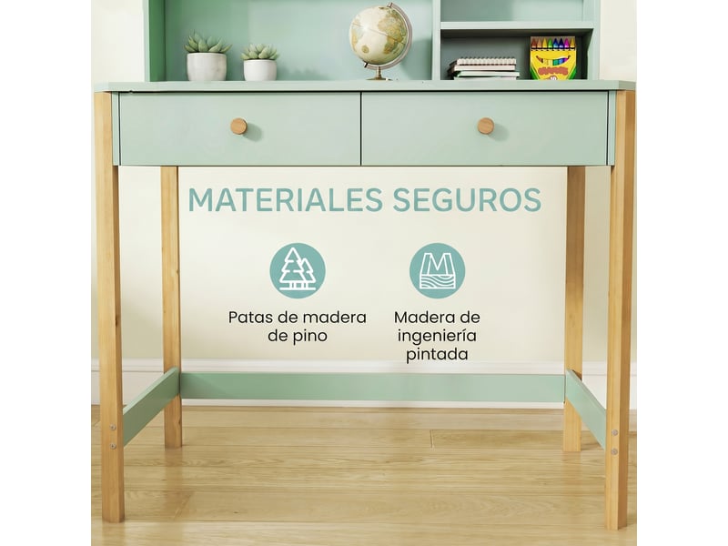 Bureau enfant vert avec 3 compartiments ouverts et 2 tiroirs 90 x 52 x 105 cm - Conforama W