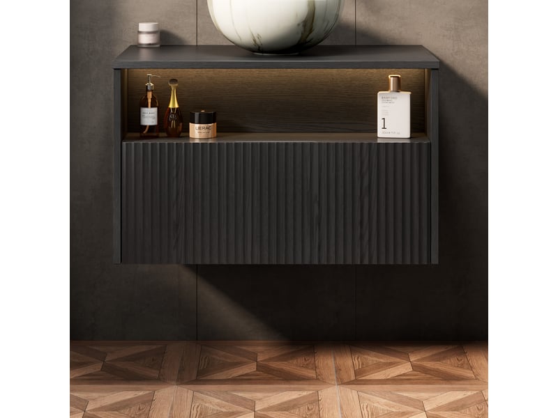 Meuble sous vasque mural avec 1 tiroir en bois massif et contreplaqué pour salle de bain noir 89 × 55 × 54 cm  - Conforama E