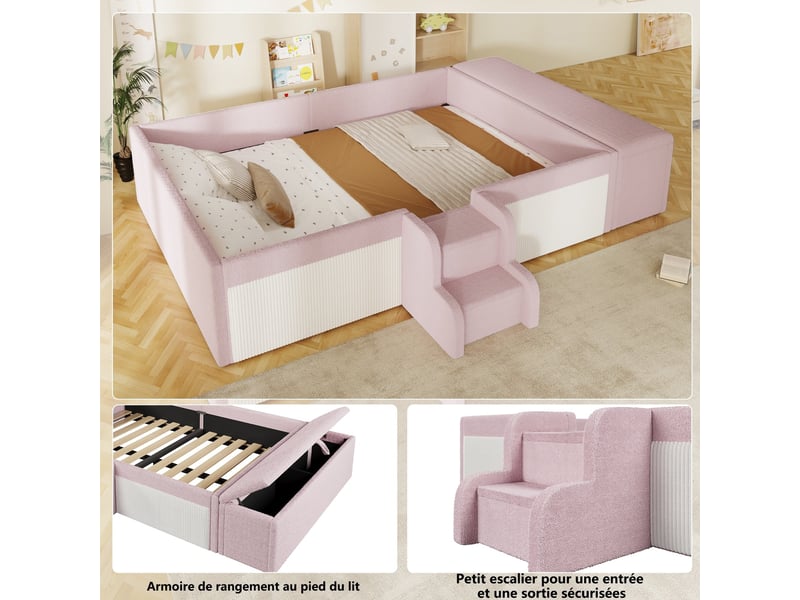  Lit rembourré en tissu velours, 140 x 190 cm, petit escalier, banc de lit avec coffre de rangement, sans matelas, rose  - Conforama E