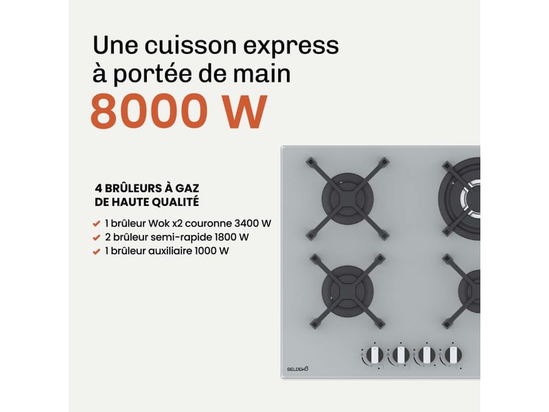  Beldeko plaque de cuisson gaz 4 feux 8000 w - verre gris - brûleur double couronne - grilles en fonte- marque française  - Conforama E
