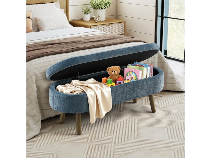  Banc coffre en chenille et bois massif bleu 110×40×42 cm, rangement 20 l, forme arrondie, pieds en bois  - Conforama B