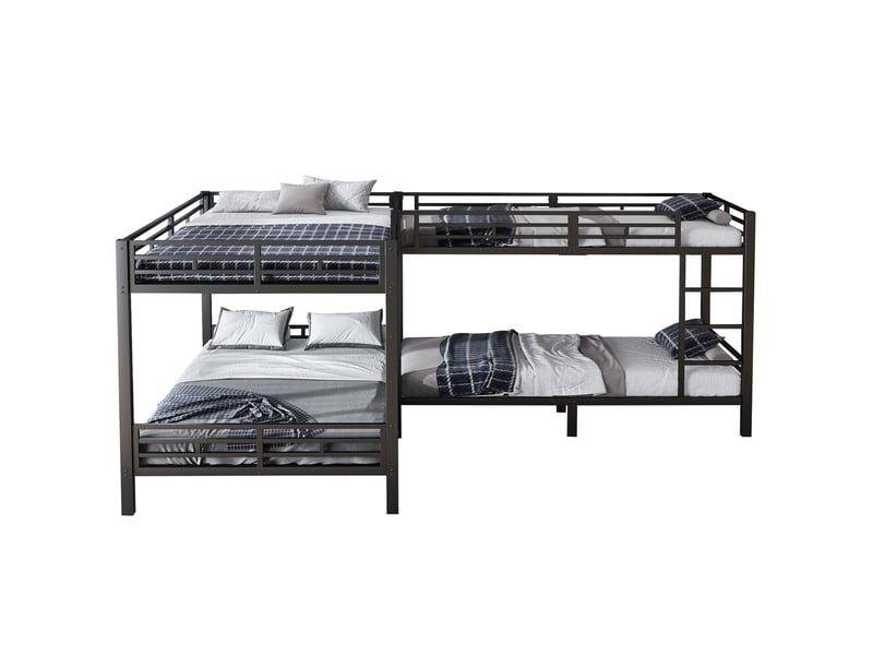 Lit superposé 90x200cm & 140x200cm, lit d'angle pour chambre enfant et gîte, triple lit familial avec sommier à lattes et échelle 3 marches, noir - Conforama A