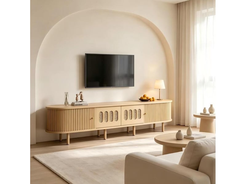  Meuble tv ovale à 2 portes et 2 portes coulissantes, style naturel pour salon, 180 × 40 × 40 cm en bois  - Conforama D