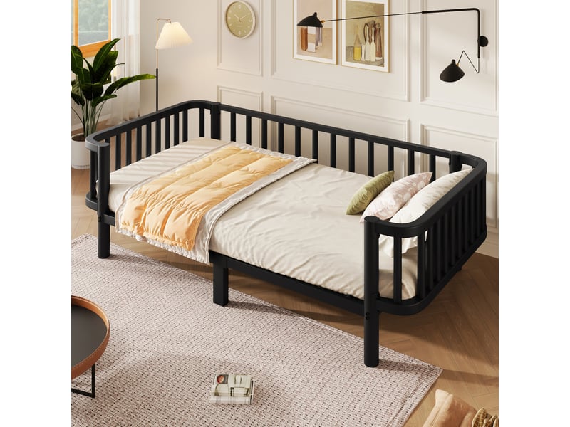 Lit simple 90 × 200 cm banquette en métal, sommier à lattes et cadre à trois côtés, noir, chambre 209 × 98 × 57 cm - Conforama B