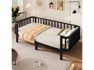 Lit simple 90 × 200 cm banquette en métal, sommier à lattes et cadre à trois côtés, noir, chambre 209 × 98 × 57 cm