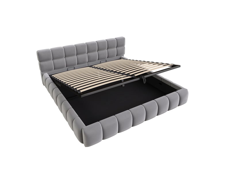  Lit rembourré pour adulte, 180 x 200 cm, avec bande lumineuse, tête de lit, rangement hydraulique, velours, gris  - Conforama R