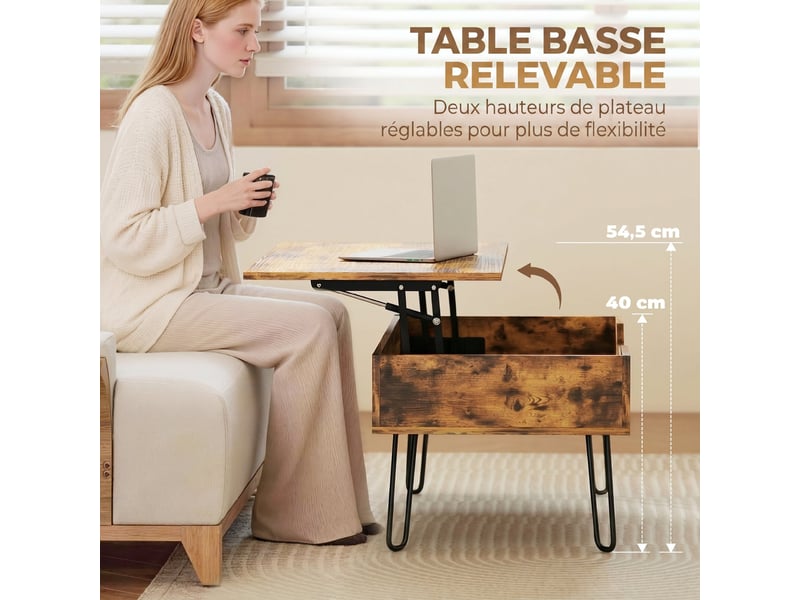  Table basse relevable en bois avec grand rangement caché, hauteur réglable, marron rustique, 95 x 50 x 40 cm  - Conforama D