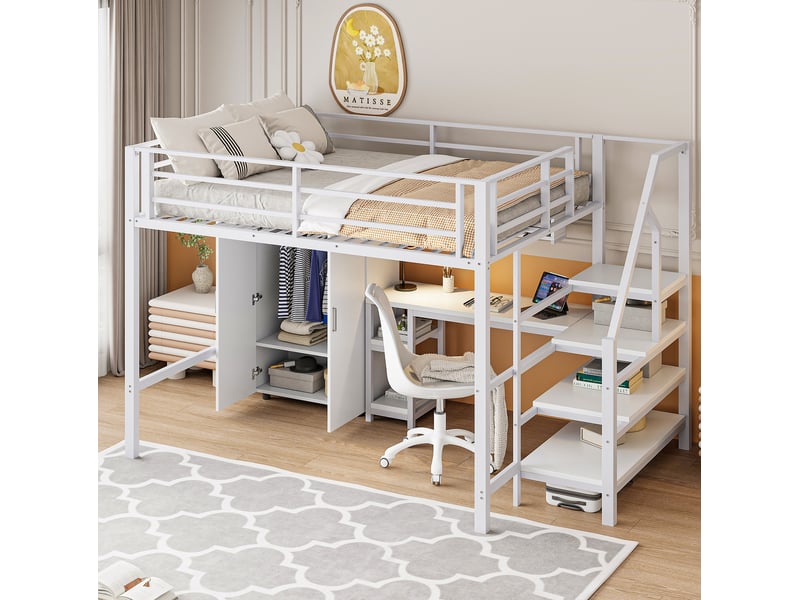  Lit mezzanine enfant 140 x 200 cm avec bureau, armoire et rangements blanc  - Conforama D