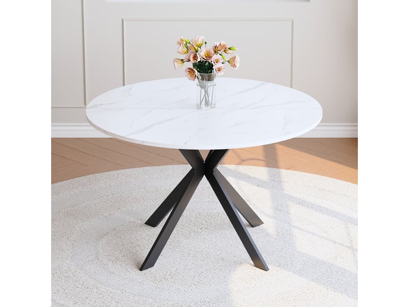  Table de salle à manger ronde en mdf effet marbre, piètement croisé en métal noir, pour cuisine et salon, diamètre 110 cm  - Conforama B