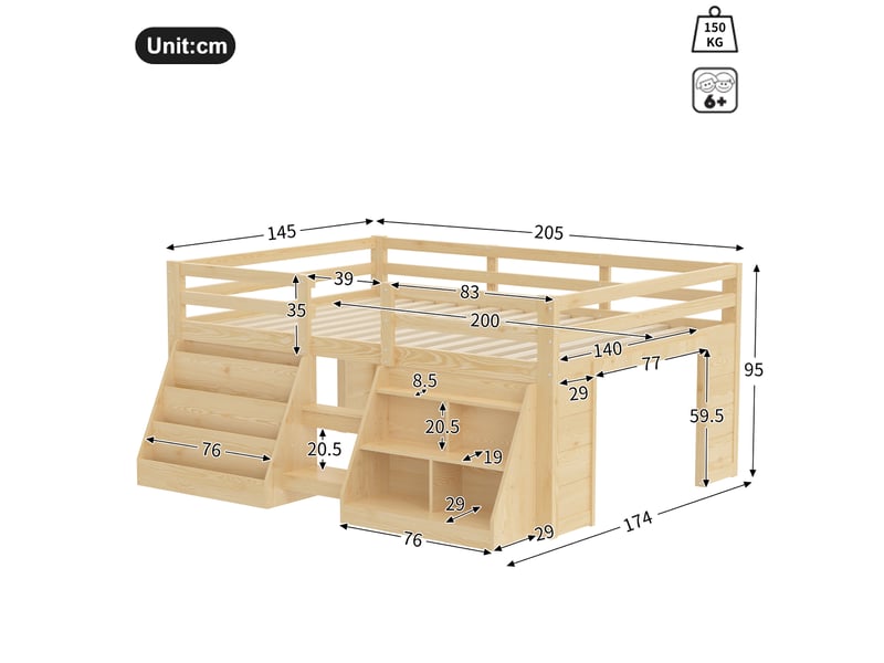 Lit enfant 140 x 200 cm – avec étagères de rangement – avec barrières de sécurité – avec échelle – avec éclairage led – naturel (matelas non inclus) - Conforama C