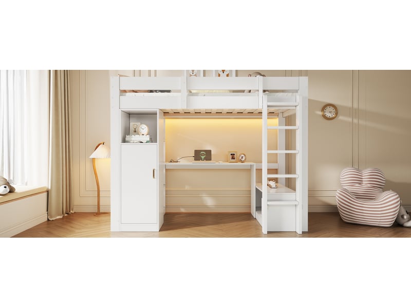 Lit mezzanine simple 90×200 cm avec bureau, armoire, 2 tiroirs et led - okmyhome- blanc, sans matelas - Conforama E