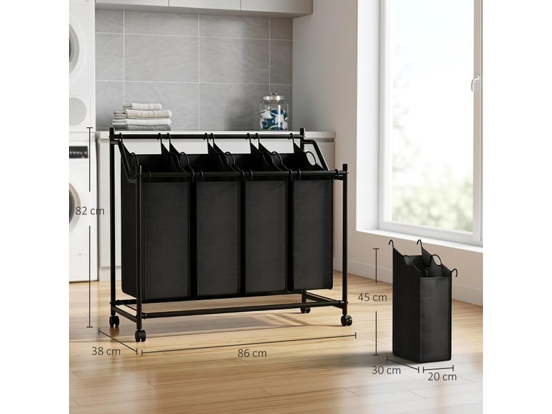  Panier à linge à 4 compartiments, capacité de 108 l, roues et poignée de transport, noir.  - Conforama C