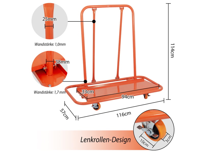  Chariot porte-plaques 116 x 57 x 114 cm orange en acier allié, charge jusqu'à 1000 kg, 4 roulettes  - Conforama C