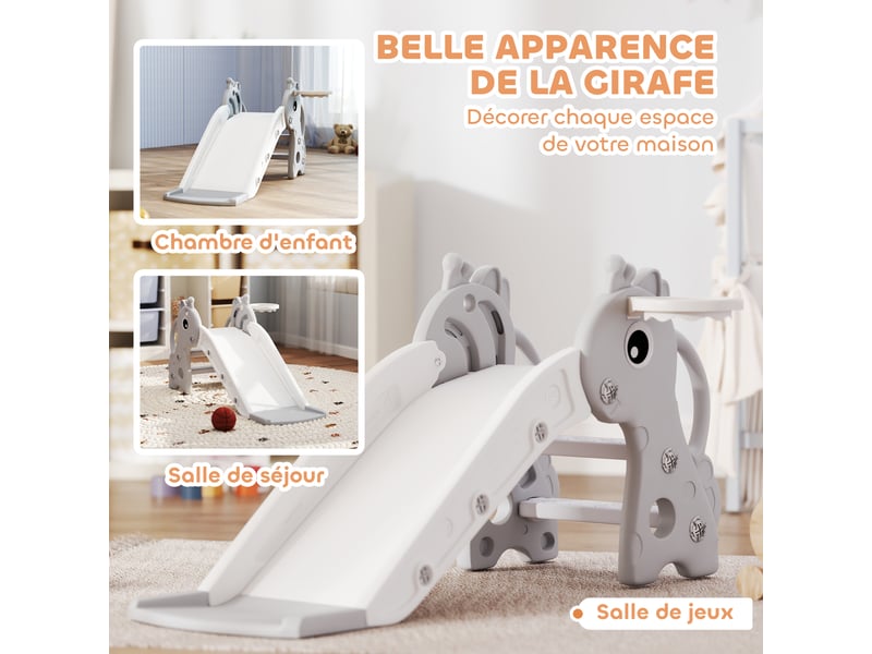 Toboggan pour enfants 3 en 1 en forme de girafe avec panier de basket, escalade et ballon, 106 x 51,5 x 52 cm, gris - Conforama E