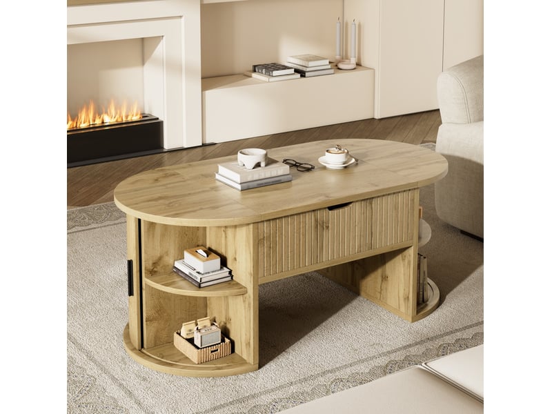  Table basse ovale relevable en mdf – finition chêne – rangements coulissants – 100 x 50 x 40,5 cm  - Conforama C