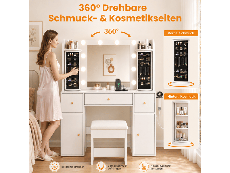  Coiffeuse avec miroir led 115 cm - organiseur bijoux rotatif, 3 tiroirs et 2 placards - port usb-c et support sèche-cheveux - blanc  - Conforama E