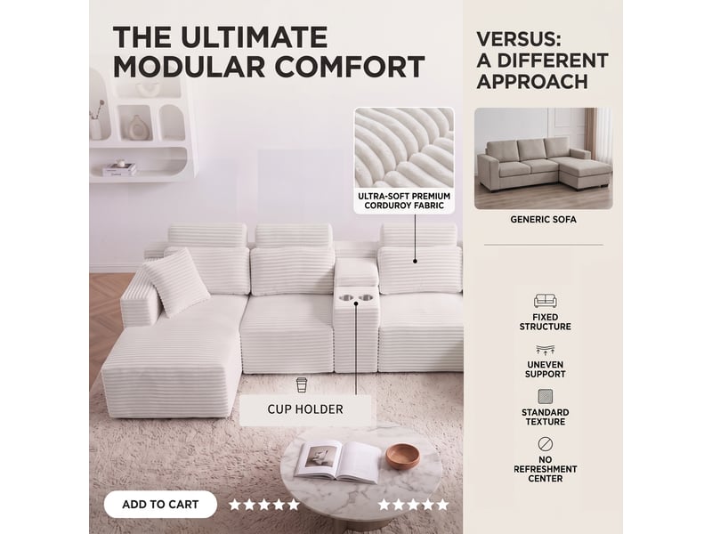 Canapé d'angle modulaire en forme de u, canapé sans cadre, 2 porte-gobelets, velours côtelé, réglable, moderne, aucun assemblage requis, blanc cassé - Conforama D