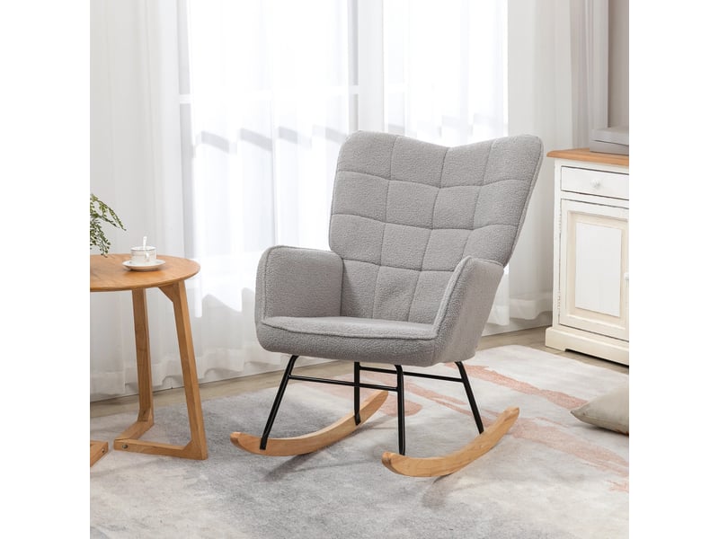 Fauteuil à bascule gris clair en tissu polaire, fauteuil relax de salon avec accoudoirs, 71 x 98 x 101 cm  - Conforama B
