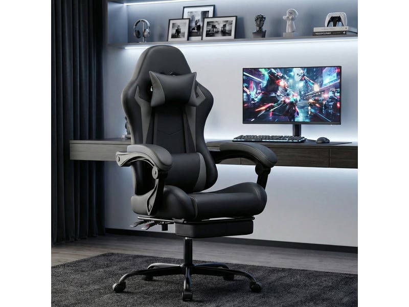  Chaise de bureau 66 x 52 x 117–127 cm - chaise de gaming ergonomique avec repose-pieds rétractable, coussin lombaire et têtière - noir et gris  - Conforama B